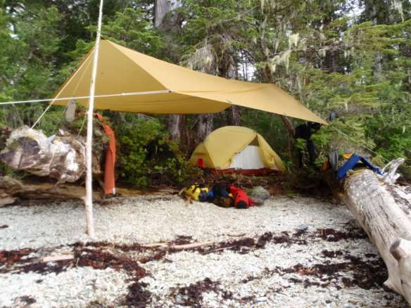 a tent and a tarp rigged at the shore's edge
