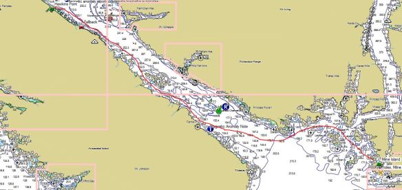 A chart section with a kayak marked in red
