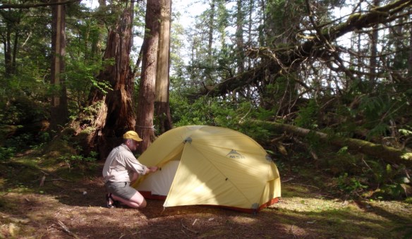 a camper sets up his tent in the woods