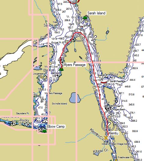a map section with the paddling route shown in red