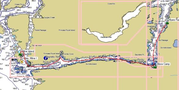 a map section with a kayaking route shown in red