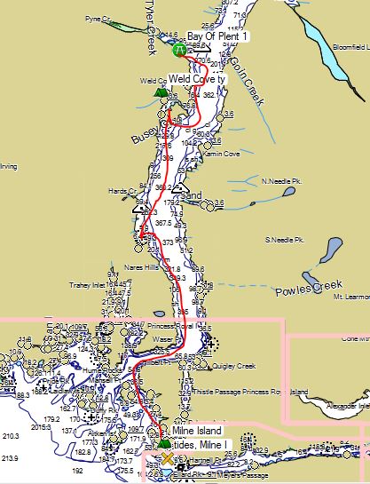 a map section showing a kayaking route marked in red