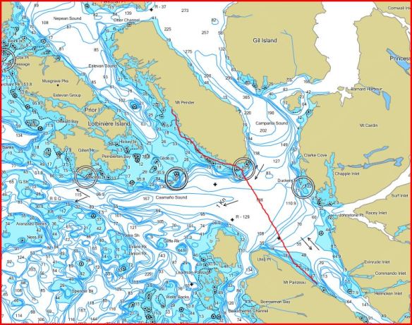 a marine chart with a kayak route traced in red