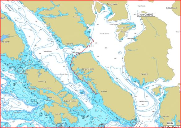 a marine chart, with a kayak route traced in red