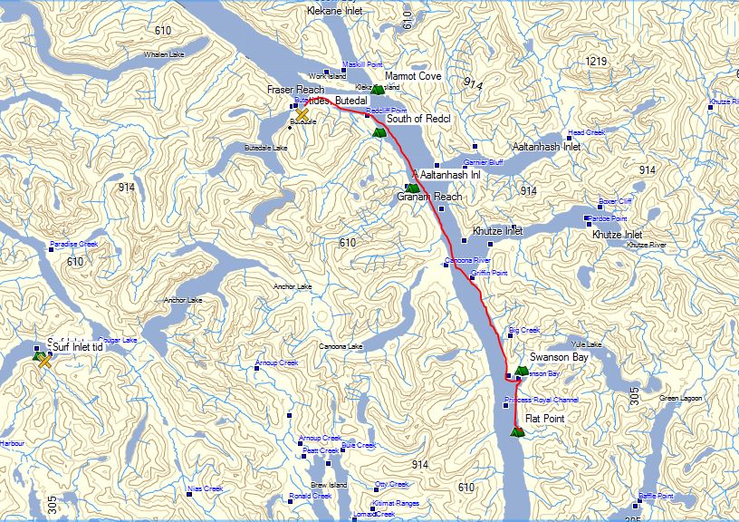 a map with a kayak route traced in red