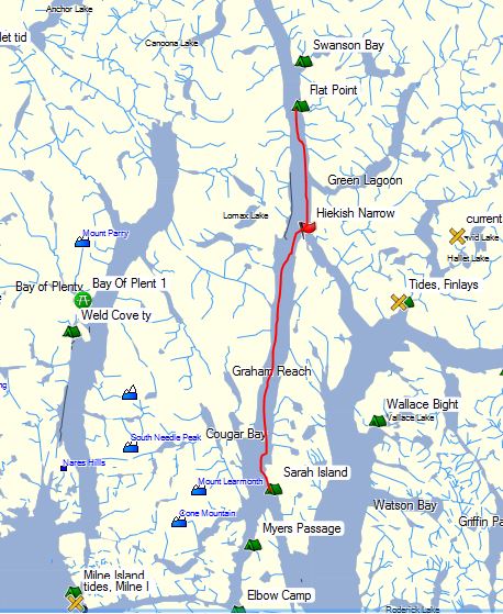 a map with a kayak route traced in red