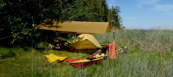 a sunny campsite with sea kayak
