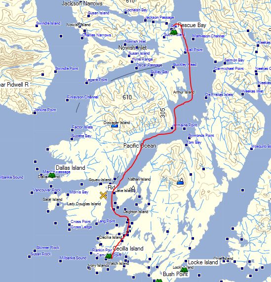 a map showing the route from Rescue Bay to Cecila Island, British Columbia