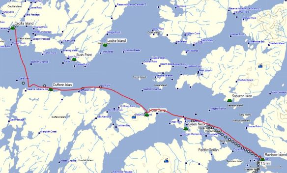 a chart with a route from Cecilla Island to Rainbow Island, British Columbia