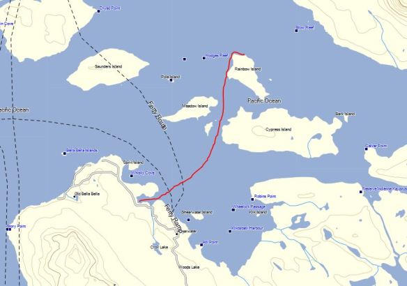 a chart with a route from Rainbow Island to Shearwater, British Columbia