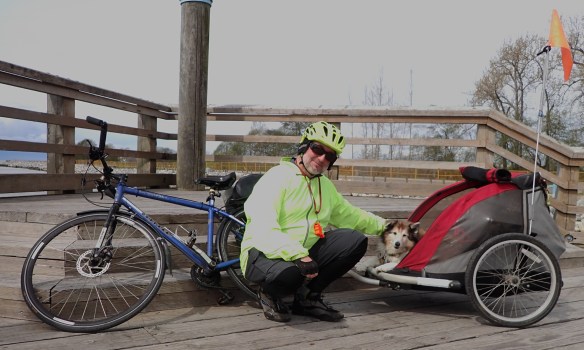 a photo of me with Scotia in her bike trailer