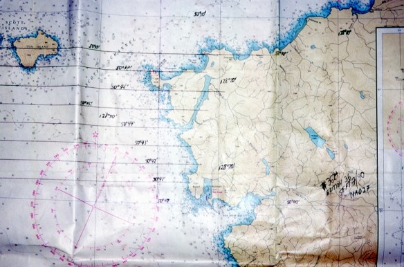 a chart of Cape Scott, with latitude lines extended pass the folds