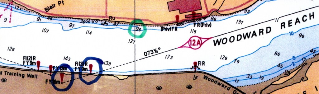 A section of a nautical chart showing how navigational ranges are indicated.