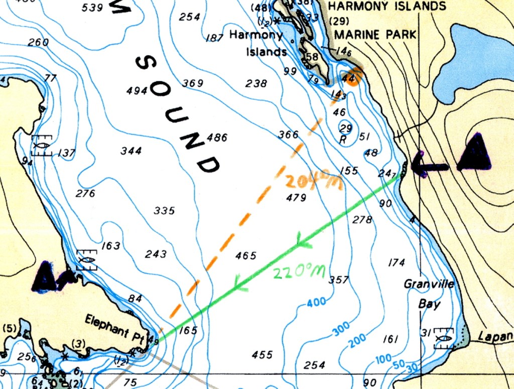 A section of marine chart showing a pre-plotted compass bearing and a bearing taken from north of it.