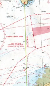 A chart with a bright green line on it running through two landmarks to creat a Line Of Position.