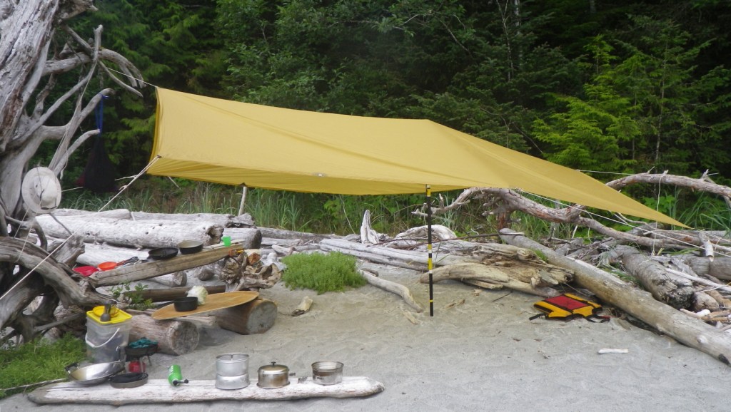 Showing a tarp rigged with an interior pole.