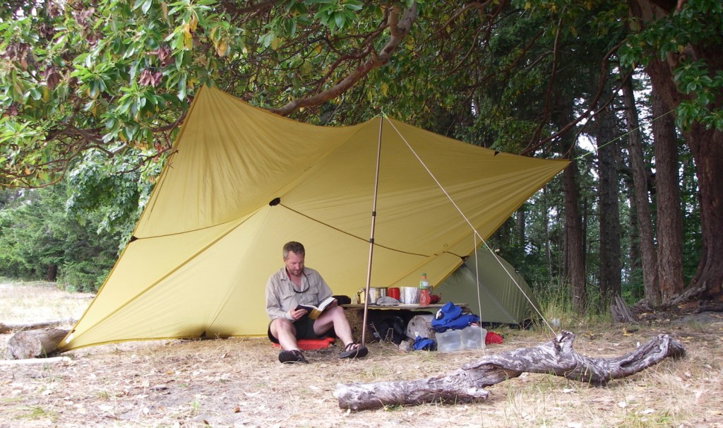 Showing a tarp rigged as a leanto windbreak.